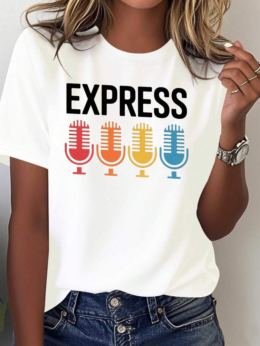 Camiseta estampada de verano para mujer con diseño de micrófono retro y estilo pop art, de color sólido, cómoda y versátil, blusa casual de manga corta para mujer. - Blanco - Ver 1