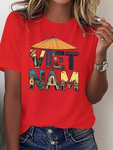 Camiseta de Algodón Puro Estampada para Mujer, Estilo Veraniego Vietnamita, Blusa Casual Versátil y Cómoda de Manga Corta para Mujer - Rojo - Ver 7