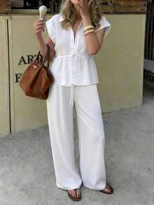 Just Masa Women's Elegant Solid Color Cotton 2-Piece Summer Casual Set, Includes Loose Short Sleeve Roll-Neck Blouse And Wide Leg Pants With Elastic Waistband, Suitable For Vacation, Travel, Work, Dates, Beach And Daily Wear - 黑色 - 查看 3