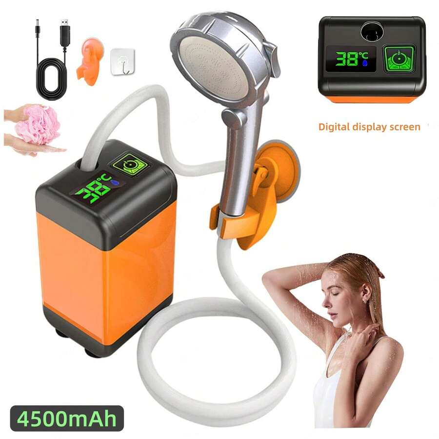 Portable Outdoor Charging Shower Pump With 4500/6000mAh Large Capacity Battery, Lasting For 120-150 Minutes. Three Water Output Modes. Compact And Lightweight, Easy To Store. Essential For Camping And Hiking. - Orange - View 1
