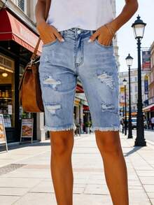 Women's New Ripped Denim Bermuda Shorts Casual Summer - Light Wash - View 4
