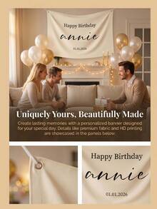 1pc Personalized Birthday Banner With Custom Text,Customizable Name & Date Happy Birthday Banner,Personalized Fabric Backdrop Flag For Party Decoration,Neutral Beige Tone Fabric Banner For Parties - Multicolor - View 2