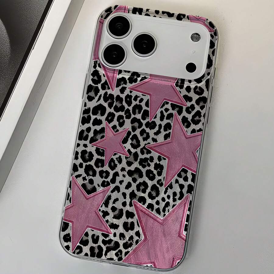 1pc Feather Shell IMD Lens Protection Anti-Drop Black & Pink Leopard Star Pattern Personalized Phone Case Compatible With IPhone 16 Pro Max, 17/16/15/14 Plus/13/12/11, Also Fits Series - Multicolor - View 1