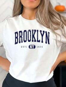 1 pieza de camiseta casual de gran tamaño con estampado retro "BROOKLYN NY", top de gran tamaño estilo universitario americano para mujer, 180g 100% algodón, los diseños están completamente impresos. Unisexo. - Blanco - Ver 7