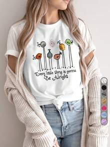 Camiseta de manga corta con cuello redondo y estampado de pájaro con eslogan positivo para mujer, top juvenil informal de estilo urbano, ideal para regalo. - Blanco - Ver 8