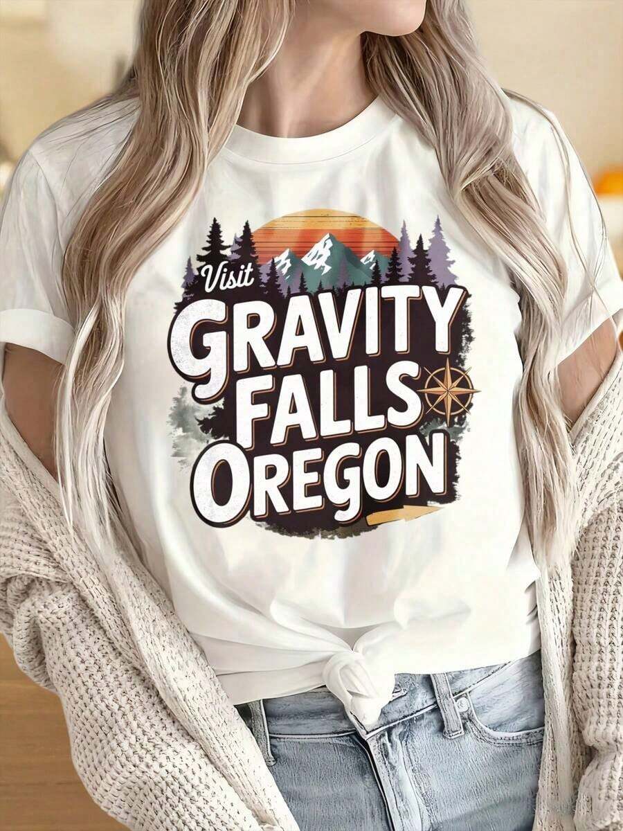 Camisetas para Mujer y Hombre con Cuello Redondo y Mangas Cortas, Diseño Vintage de Paisaje Montañoso de Gravity Falls, Camiseta Negra de Cuello Redondo para Mujer, Estampados Divertidos Ideales para Fiestas de Navidad, Actividades Deportivas, Fiestas de Vacaciones, Salidas, Deportes y Otros Regalos Festivos. - Blanco - Ver 1