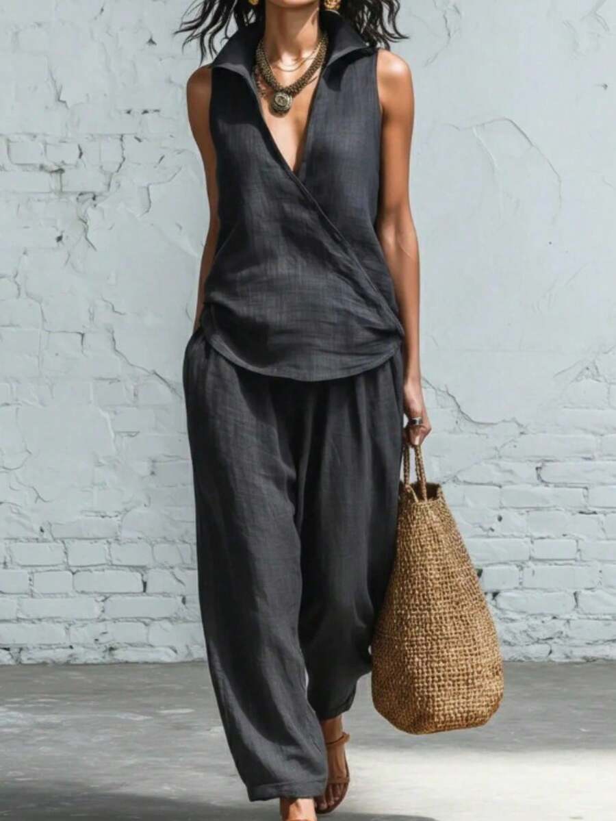 Two-Piece Linen Set With Lapel Collar Shirt And Wide-Leg Trousers - Black - View 1