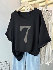 大尺碼女款數字 7 印花 V 領 T 恤，黑色休閒短袖上衣，適合夏季 - 黑色 - 查看 8