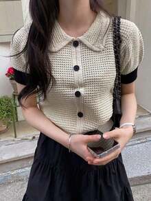 Blusa de punto de manga corta con cuello vuelto, ajustada, de apertura frontal y diseño de patchwork de colores contrastantes, para primavera/verano, ropa de vuelta al colegio - Albaricoque - Ver 4