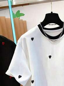 Camiseta gráfica para mujer, nueva llegada de verano, contraste de color negro y blanco, diseño con estampado de corazón, para uso en exteriores/interiores, para citas, fotografía y estilo callejero, vuelta al colegio, día del maestro, camiseta de - Multicolor - Ver 3