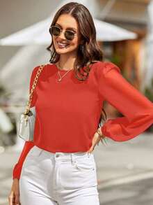 Blusa con mangas de farol y escote en la espalda, blusas de manga larga - Naranja - Ver 1