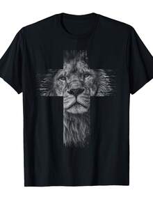Camiseta con temática cristiana que muestra al León de la Tribu de Judá y una cruz, diseñada tanto para hombres como para mujeres. Esta camiseta con mangas está fabricada con materiales de alta calidad. - Negro - Ver 2