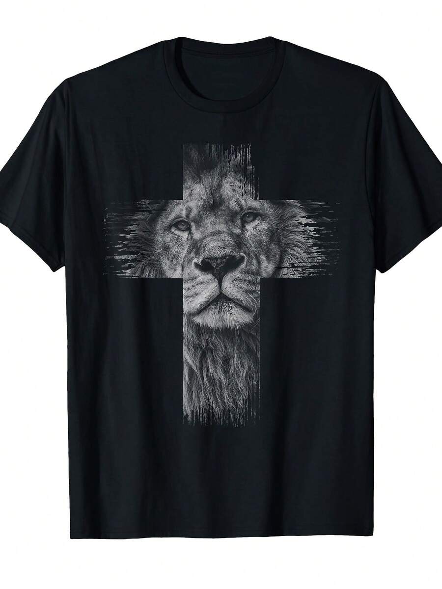 Camiseta con temática cristiana que muestra al León de la Tribu de Judá y una cruz, diseñada tanto para hombres como para mujeres. Esta camiseta con mangas está fabricada con materiales de alta calidad.