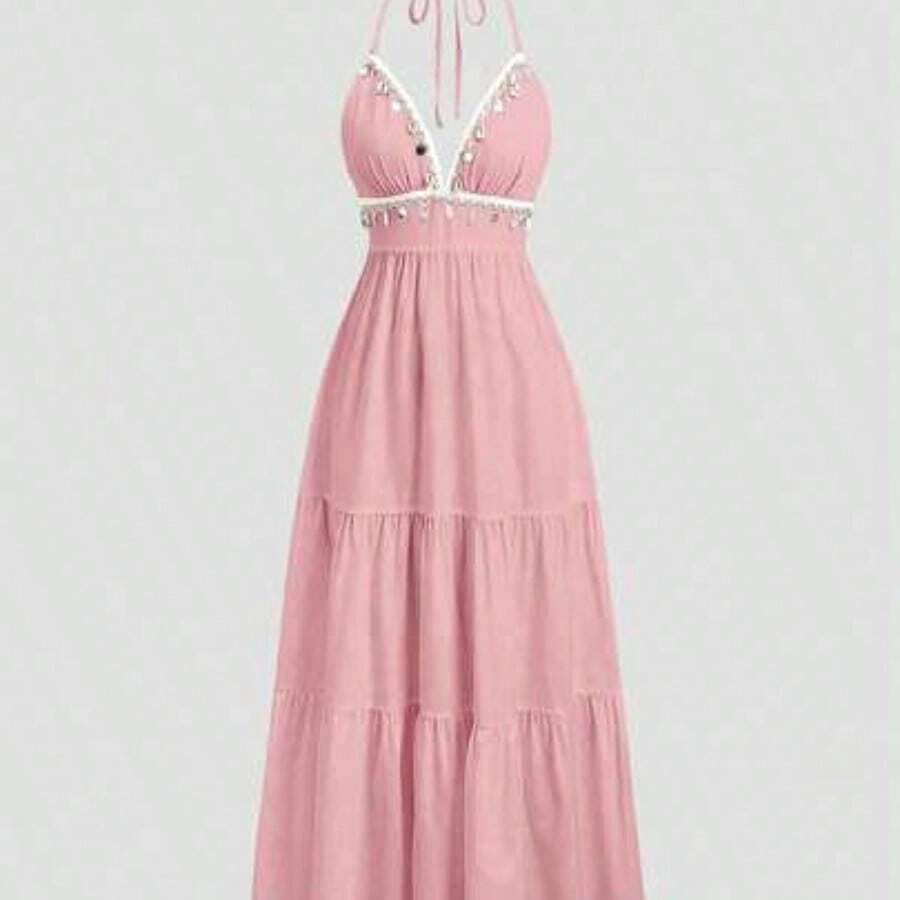 YijiaNvz Vestido informal de vacaciones con encaje bordado y espalda descubierta con cordones en línea A - Rosa - Ver 1