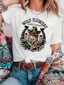 Camiseta de manga corta con estampado gráfico de gran tamaño para mujer, con diseño de flores silvestres y caballo salvaje - Cuello redondo casual, manga corta, top de verano y primavera con diseño floral y de estrellas, camiseta para festivales de música country, ropa casual. |       Top con Estampado Floral |       Ajuste cómodo, camisetas para damas, ropa fresca de verano para mujeres - Blanco - Ver 6
