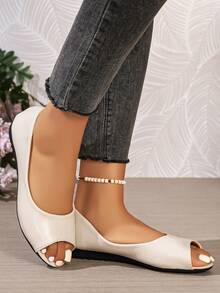 Women's Fashion Round Toe Slip-On Comfortable Elegant Flat Sandals, Suitable For Spring & Summer, Plus Size - Beige - View 6