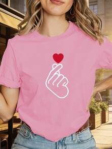 1 pieza de la camiseta de manga corta con cuello redondo de estilo de diseñador "Saranghae K-Pop I Love You" con diseño de corazón al estilo coreano, cómoda y casual, adecuada para uso diario y para combinaciones de moda, 180g 100% algodón. - Negro - Ver 11