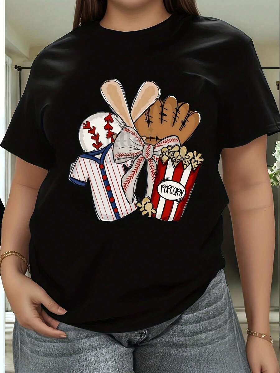 Talla - Una camiseta casual de manga corta diseñpara mujeres de talla para celebrar el Día de la Madre, adecuada para primavera y verano. Fabricada con tela estampada de 180G, ofrece un cort - Negro - Ver 1