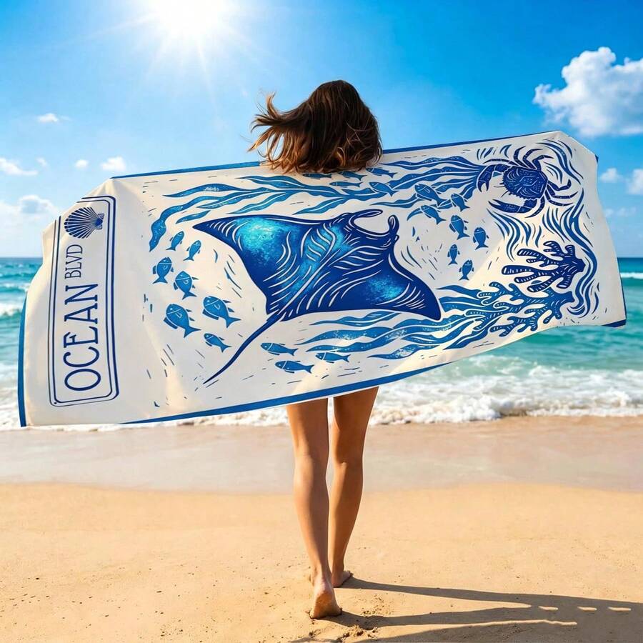 1条蓝色魟鱼印花超柔软微纤维沙滩巾,多种尺寸可选,轻便沙滩毯,适合游泳、露营、运动、海滩或健身房使用,沙滩配件 | 时尚沙滩巾 | 耐用沙滩垫 - 藍調魔鬼魚 - 查看 1