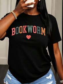 Camiseta de Mujer con Estampado de Corazón y Texto Colorido para Amantes de la Lectura, Ropa Casual - Negro - Ver 6