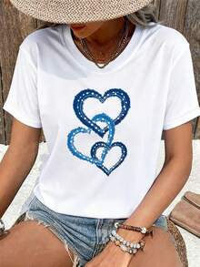 Women's T-shirt Top de manga corta para mujer, con estampado gráfico de corazón 2D, cuello redondo ajustado, estilo veraniego. - Blanco - Ver 7