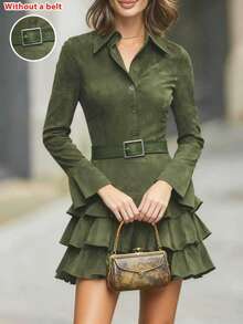 The New Woman Of Spring And Autumn 2026 Slims Down In A Solid Velvet Ruffled Long-Sleeved Shirt Dress - Army Green - View 1