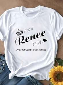 Camiseta de Mujer Casual con Cuello Redondo, Opciones en Blanco y Negro, Estampado 'It's A Renee Thing', Camiseta Gráfica para Uso Diario de Verano, Blusas de Verano, Camisetas Gráficas, Conjuntos de Verano, Camisetas Cortas de Mujer, Blusas de Mujer, Ropa Vintage de Algodón, Ropa Linda para Mujer, Playera Holgada para Mujer - Blanco - Ver 2