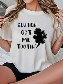 Camiseta de Mujer Casual de Corte Holgado, Opciones en Blanco y Negro, Camiseta Gráfica con Estampado Divertido 'Gluten Got Me Tootin' para Uso Diario de Verano, Camisetas Gráficas de Verano, Conjuntos de Verano, Camisetas Gráficas de Mujer, Tops Cortos de Mujer, Tops de Mujer, Ropa Linda de Algodón Vintage para Mujer, Playera Holgada para Mujer - Blanco - Ver 7
