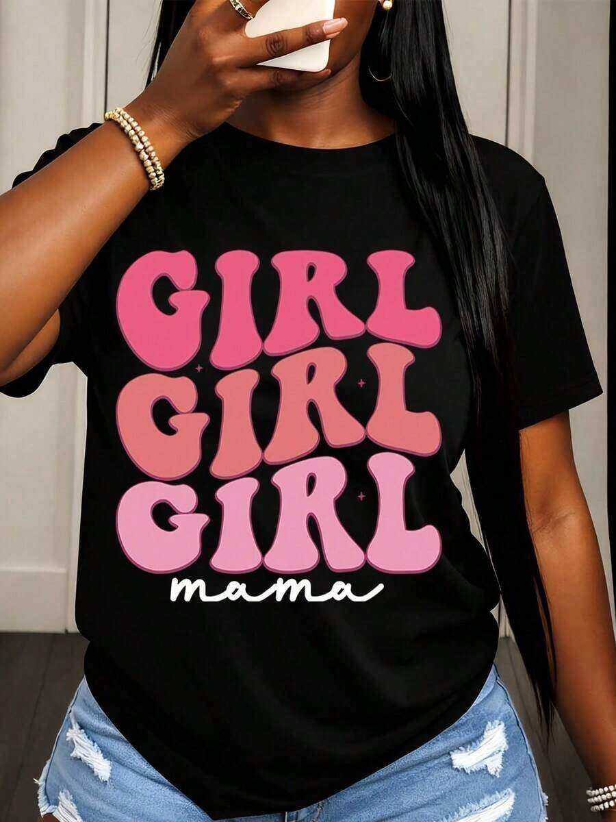 Women's T-Shirt With 'Girl Girl Girl Mama' Print, Casual Summer Clothing For Women - 黑色 - 查看 1