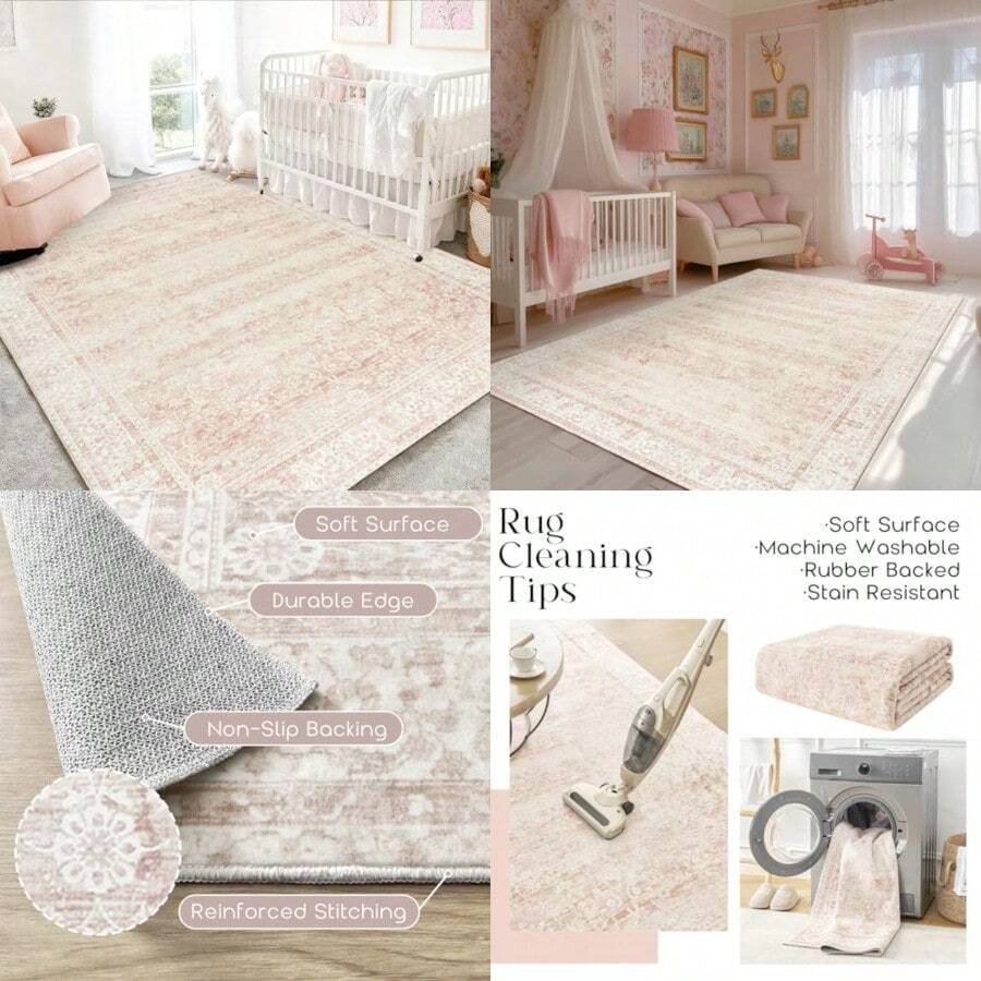 Alfombra de guardería para bebé niña color rosa neutro bohemio linda floral plegable lavable a máquina alfombra de lana sintética suave para sala de estar recámara sala de juegos para - Rosado - Ver 1