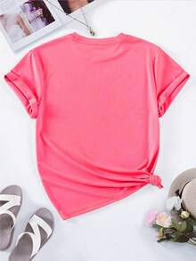 Camiseta deportiva casual de manga corta para mujer, con estampados de corazones y huellas de perro, diseño de moda casual y moderno, estilo urbano, adecuada para primavera, verano y otoño. EIZZ - Rosa Fucsia - Ver 2