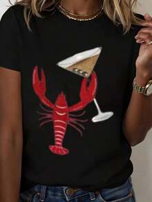 1 camiseta blanca con estampado de langosta y cóctel, ropa casual de verano, 180g 100% algodón. - Negro - Ver 12