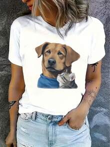 Camiseta casual de manga corta para mujer con estampado de perros y gatos - suave, elástica, de cuello redondo, lavable a máquina, ropa casual cómoda para todas las estaciones, camiseta para uso diario. | Camiseta con Estampado Gráfico | Camiseta de mujer cómoda y de buen ajuste. - Blanco - Ver 7