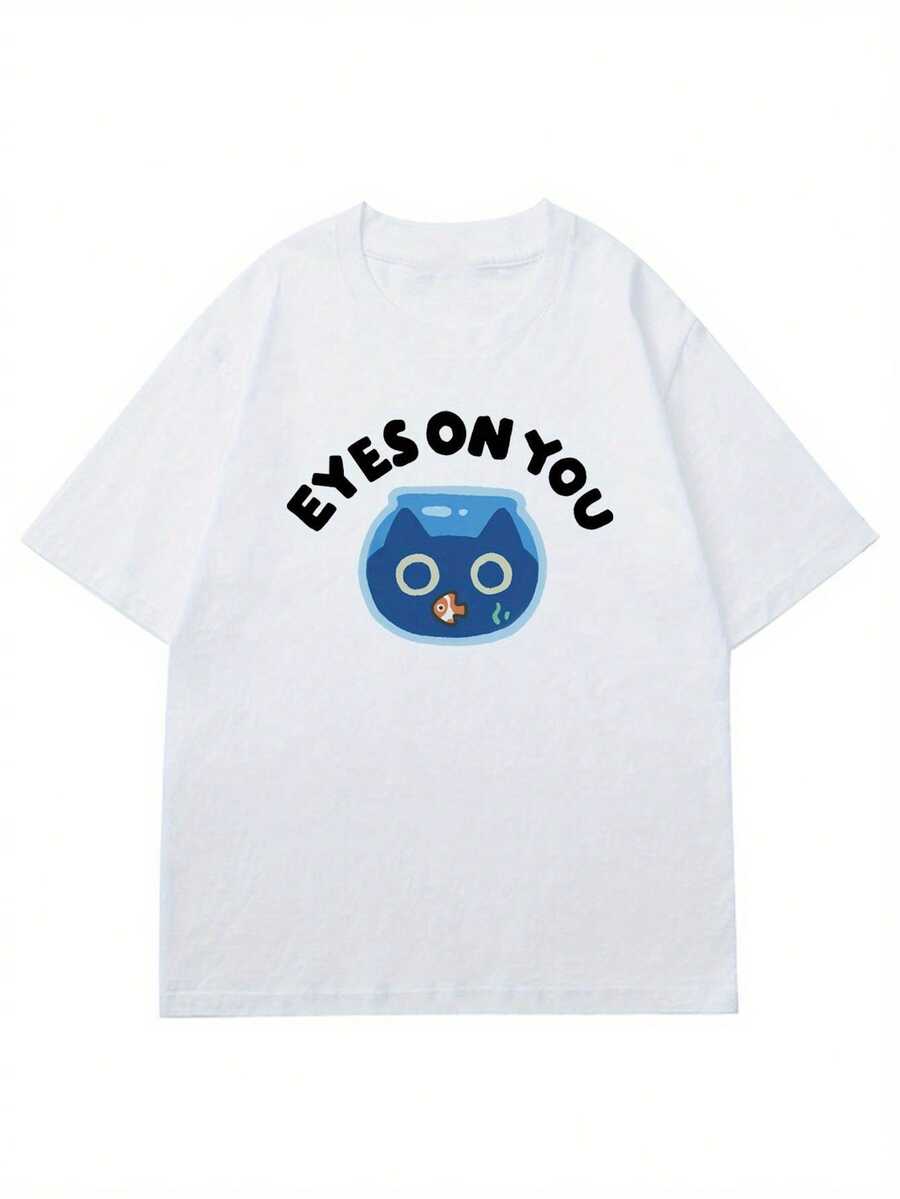 Men's Short-Sleeved T-Shirt With Cat Print, Modern Urban Style Design, American Fashion Brand, Loose Crew Neck, Half Sleeve, Casual Wear - 白色 - 查看 1