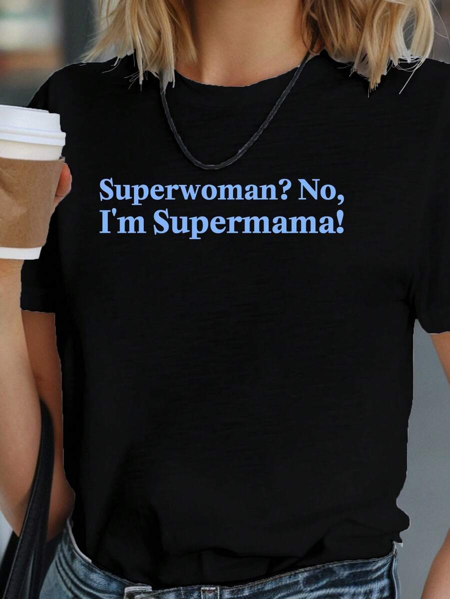 Camisetas de Algodón Oversize para Mujer, Moda 2026, Super Mamá, No una Super , Camiseta Cómoda para Mujer, Suave y Acogedora, para Uso Diario, Manga Corta - Negro - Ver 1