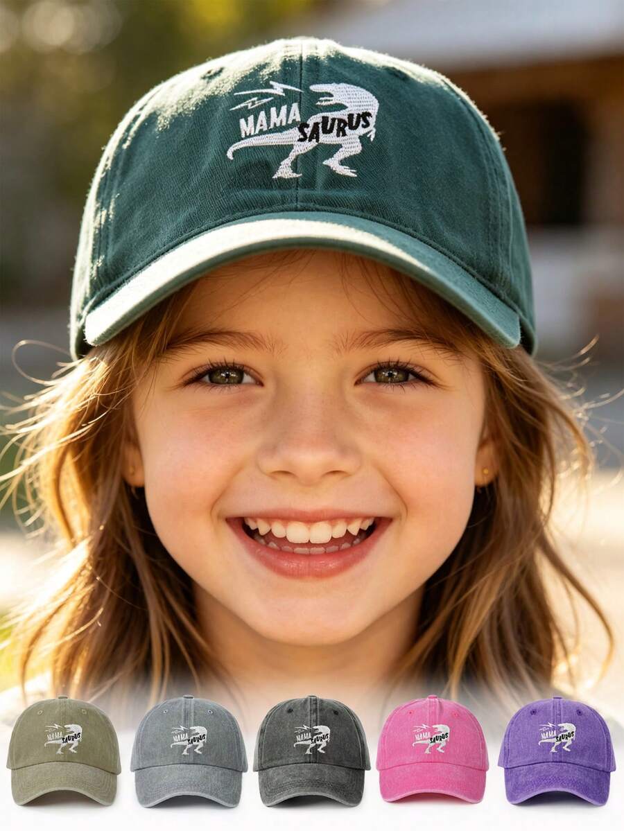 1pc Unisex Kids Distressed Washed Children's Baseball Cap, Embroidered Dinosaur Design Bone Baseball Cap, Suitable For All Seasons - Baseball Cap - View 1