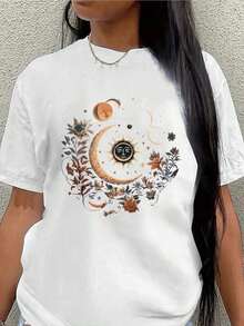 Camiseta de manga corta, ligera y duradera, con cuello redondo, diseñada con motivos de luna y sol, perfecta para salidas informales en casa o en una cafetería, adornada con un patrón floral y arte celestial en colores terrosos. Camiseta casual de talla estándar para mujer, transpirable, ligera, de manga corta. Blusas para mujer casual. - Blanco - Ver 1