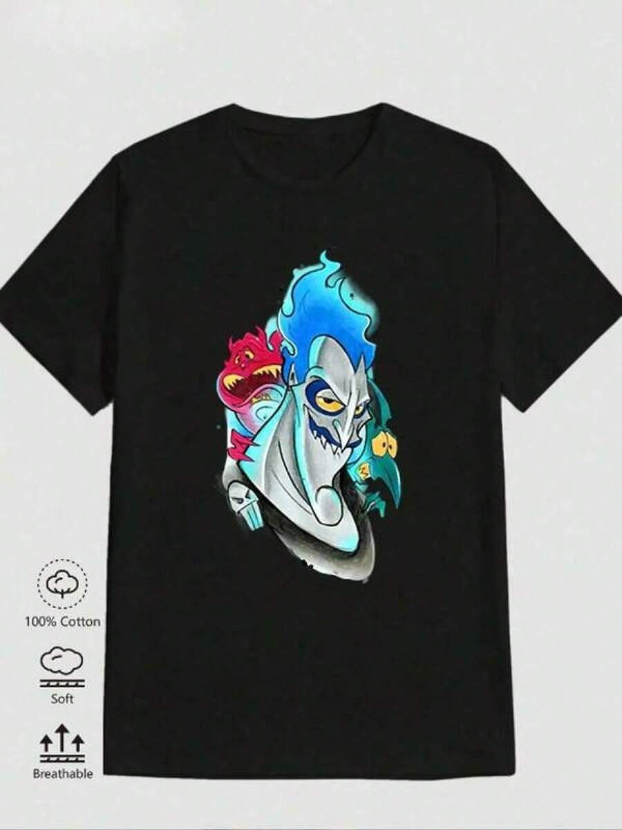 Camisetas gráficas para hombre, 1 unidad, camisetas de algodón para hombre, camiseta de algodón impresa en blanco y negro con villano de Hades de la tienda local de 180 g, cuello redondo de alta calidad, corte holgado básico, transpirable, lavable aáquina, cómoda, versátil, S 3XL, esencial de verano para hombres y mujeres, ropa casual diaria, deportiva, disfraces de Halloween - Negro - Ver 1