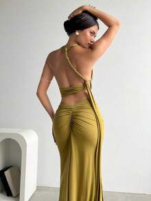 Conjunto de 2 piezas de vestido con escote en V profundo, espalda con pliegues y detalle elegante y sexy, color olivo, conjunto de verano para vacaciones en la playa para mujeres - Verde Oliva - Ver 8
