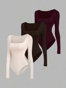 Set de 3 bodys de manga larga para mujer en color albaricoque, marrón café y negro, de ajuste ceñido y estilo minimalista y versátil para el día a día - Multicolor - Ver 1