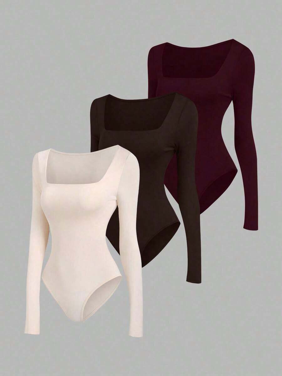 Set de 3 bodys de manga larga para mujer en color albaricoque, marrón café y negro, de ajuste ceñido y estilo minimalista y versátil para el día a día - Multicolor - Ver 1