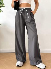 Mujeres Pantalones anchos de moda y casuales con diseño de cintura ajustable con lazo - Gris - Ver 1