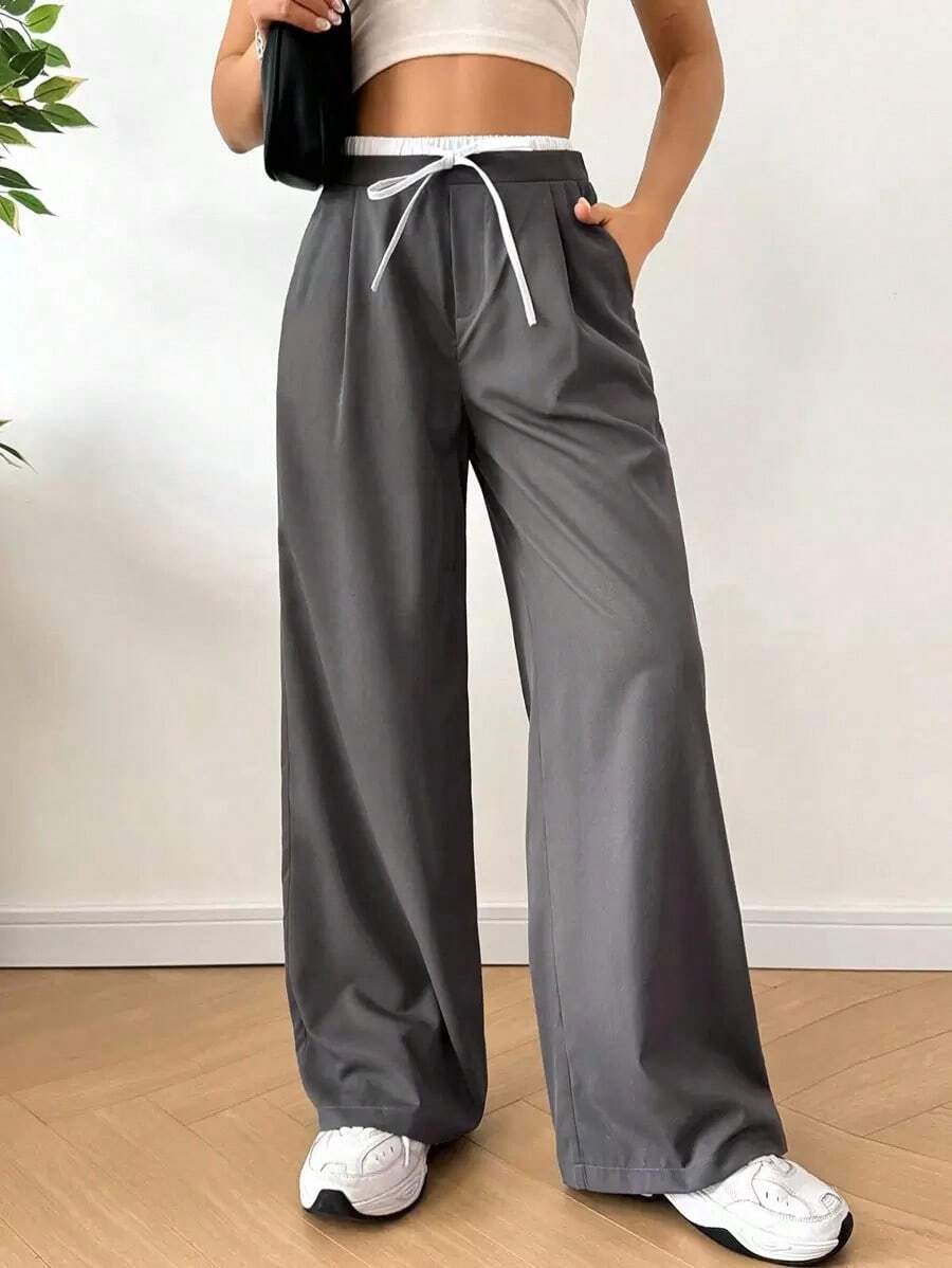 Mujeres Pantalones anchos de moda y casuales con diseño de cintura ajustable con lazo - Gris - Ver 1
