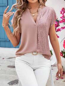 Blusa de moda con escote entallado y manga corta de unicolor con lentejuelas para mujer - Rosa vieja - Ver 7