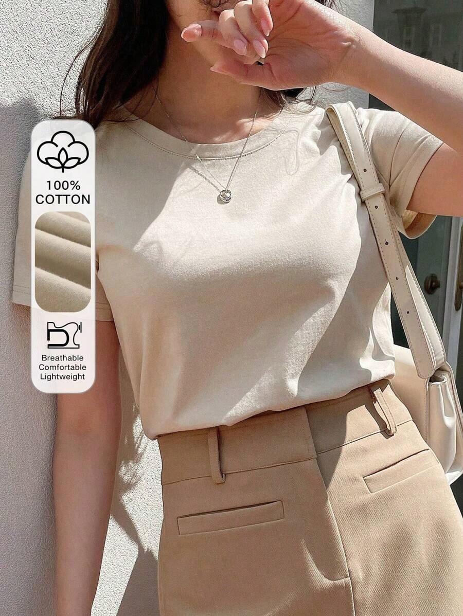 Camiseta De Manga Corta Con Cuello Redondo Y Color Sólido - Caqui - Ver 1