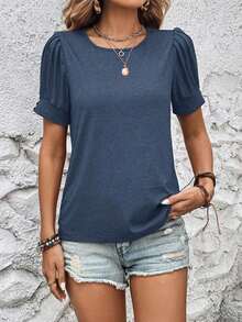 Camiseta Casual De Mujer De Manga Corta Con Cuello Redondo Y Un Solo Color Sólido - Azul marino - Ver 3