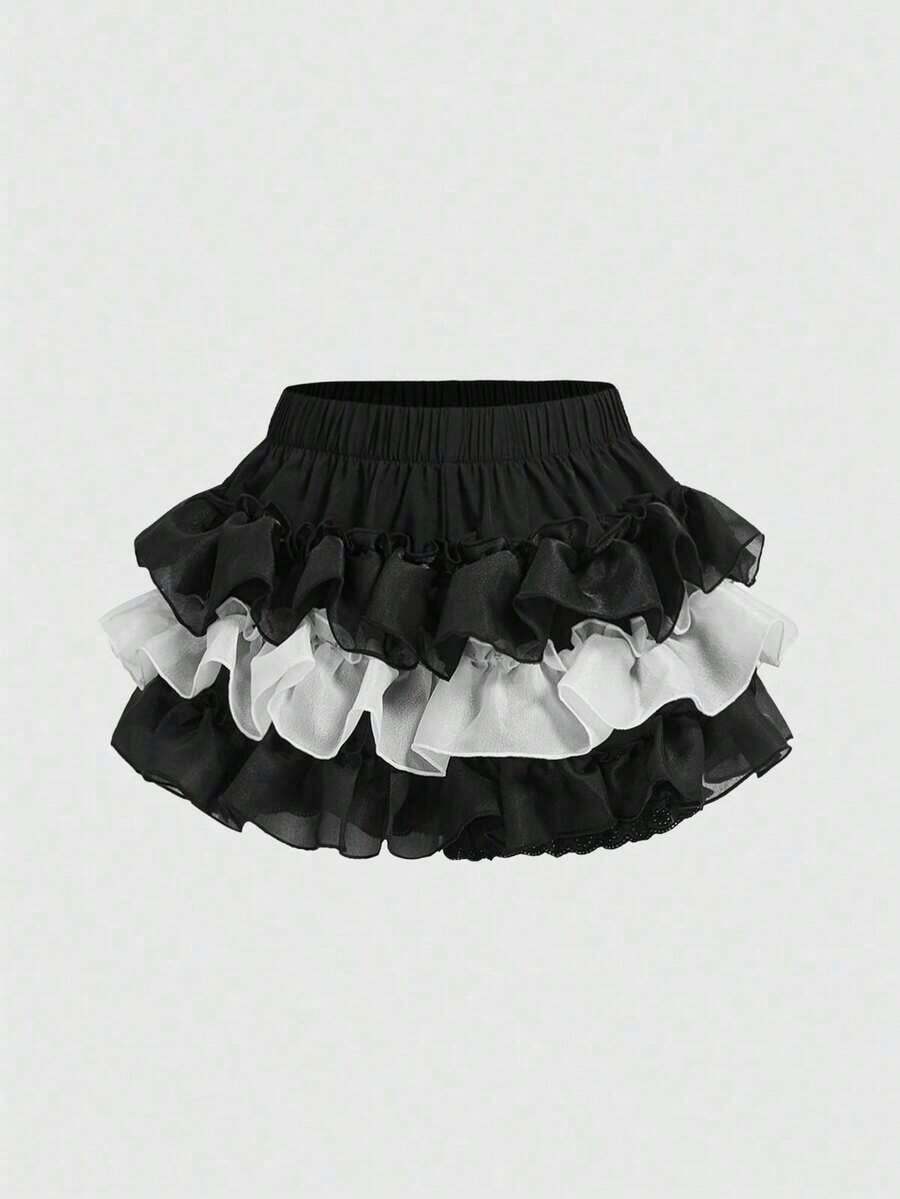 Kawaii Falda pantalón con volantes de color contrastante para mujer - Blanco y Negro - Ver 1