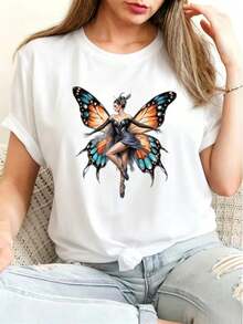 Camiseta estampada para mujer, top casual de manga corta, con un diseño de mariposas y un estilo de ballet de hadas, ideal para salidas diarias y vacaciones. - Blanco - Ver 1