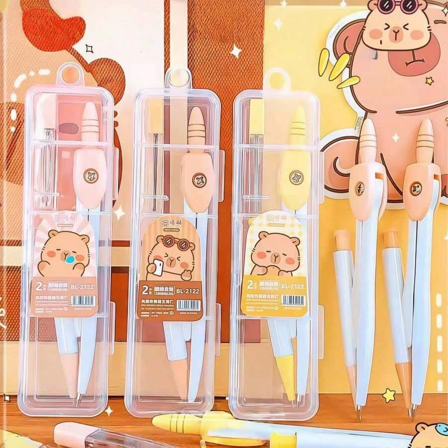 2pcs Cute Capybara Compass Set Drawing Tools, Random Color & Style (Compass + Lead Refill/Set), 2B Automatic Pencil Lead Compass, Suitable For School And Art Projects, Suitable For Teaching And Architectural Sketching, Suitable For Students, Schools, Offices And Various Educational Scenarios. Back To School Season, Learning Supplies, Art Supplies, Office Desk Accessories. Educational Tools For School, School Engineering - Multicolor - View 1