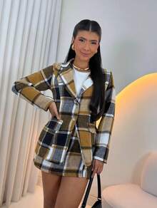Women's Checkered Set With Short Skirt And Long Blazer, Autumn And Winter - 鏽棕色 - 查看 2